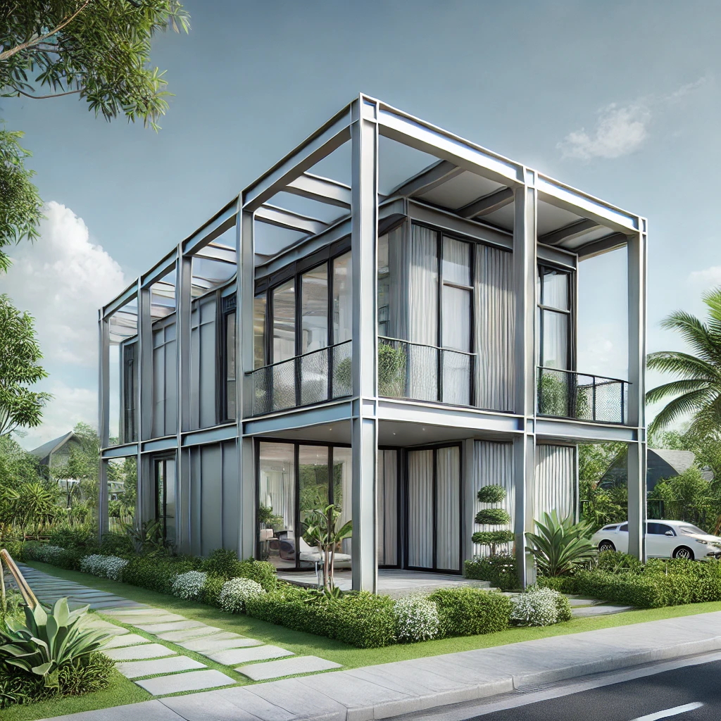 Làm nhà tiền chế tại Đồng Nai: Giải pháp xây dựng tối ưu cho mọi nhu cầu DALL·E 2024 12 26 08.50.07 A real world prefabricated house in Dong Nai Vietnam with a modern steel frame structure minimalist design and large windows. The house is set in