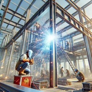 DALL·E 2024 12 27 08.22.50 A realistic close up view of construction workers welding steel beams for a house in Binh Duong Vietnam. Sparks are flying as they work with safety