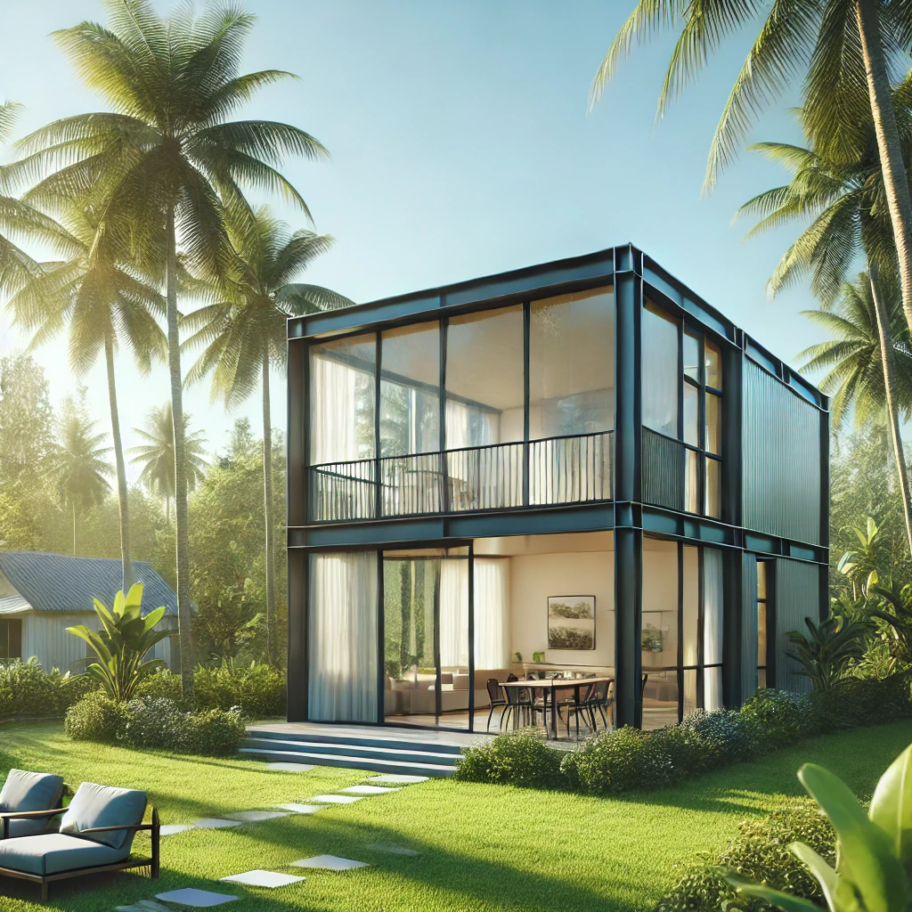 Làm nhà tiền chế tại Tây Ninh: giải pháp xây dựng hiện đại, tiết kiệm chi phí DALL·E 2024 12 28 08.06.58 A real world modern prefabricated steel frame house located in a tropical setting with minimalist architecture large windows and surrounded by lush