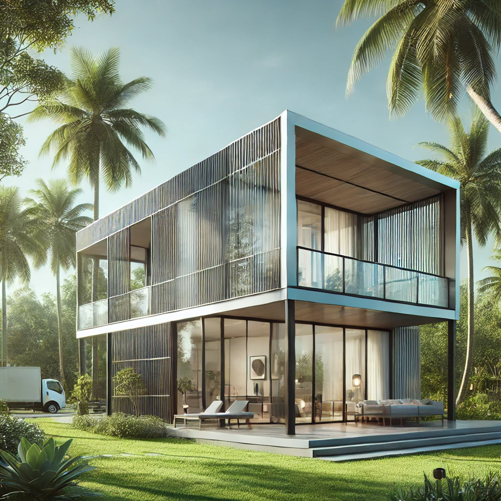 Làm nhà tiền chế tại Tây Ninh: giải pháp xây dựng hiện đại, tiết kiệm chi phí DALL·E 2024 12 28 08.07.05 A stylish and modern prefabricated house in a real world tropical environment featuring steel frame construction large glass panels and a minimalis