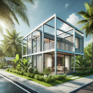 DALL·E 2024 12 28 08.07.17 A modern prefabricated house with a minimalist steel frame design in a real world setting featuring large windows surrounded by lush tropical greene