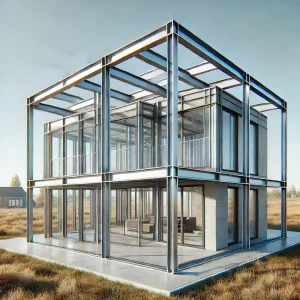 DALL·E 2024 12 30 13.18.41 A single image of a modern steel frame structure showcasing a sleek two story house with a minimalist design large glass windows and a durable meta