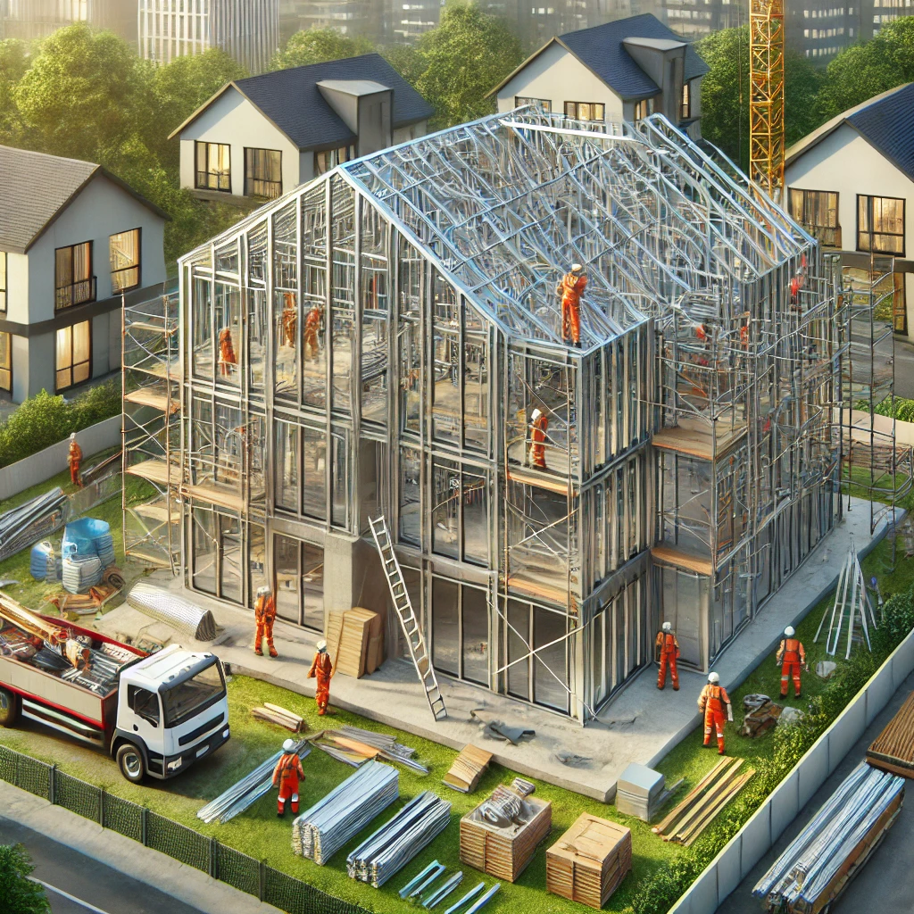 Xây nhà kết cấu thép tại Bình Dương: giải pháp hiện đại và bền vững DALL·E 2025 01 02 08.10.34 A realistic image of a modern steel frame residential house under construction surrounded by greenery with visible scaffolding and workers in safety