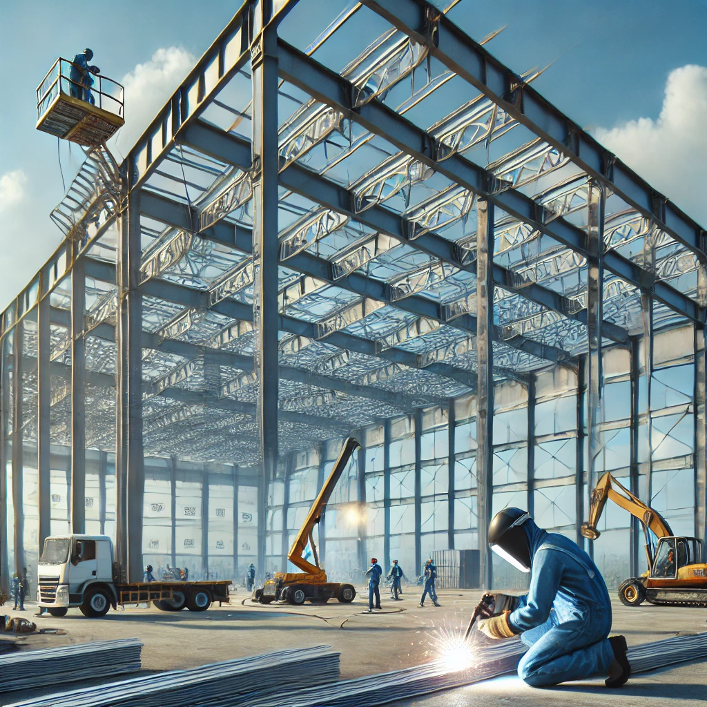 Xây nhà kết cấu thép tại Bình Dương: giải pháp hiện đại và bền vững DALL·E 2025 01 02 08.10.56 A realistic image of a large steel frame warehouse under construction with workers in safety gear welding and assembling steel beams. The background
