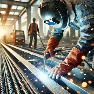 DALL·E 2025 01 02 08.10.58 A realistic close up view of workers welding steel beams at a construction site with sparks flying. The image focuses on their protective gear and to