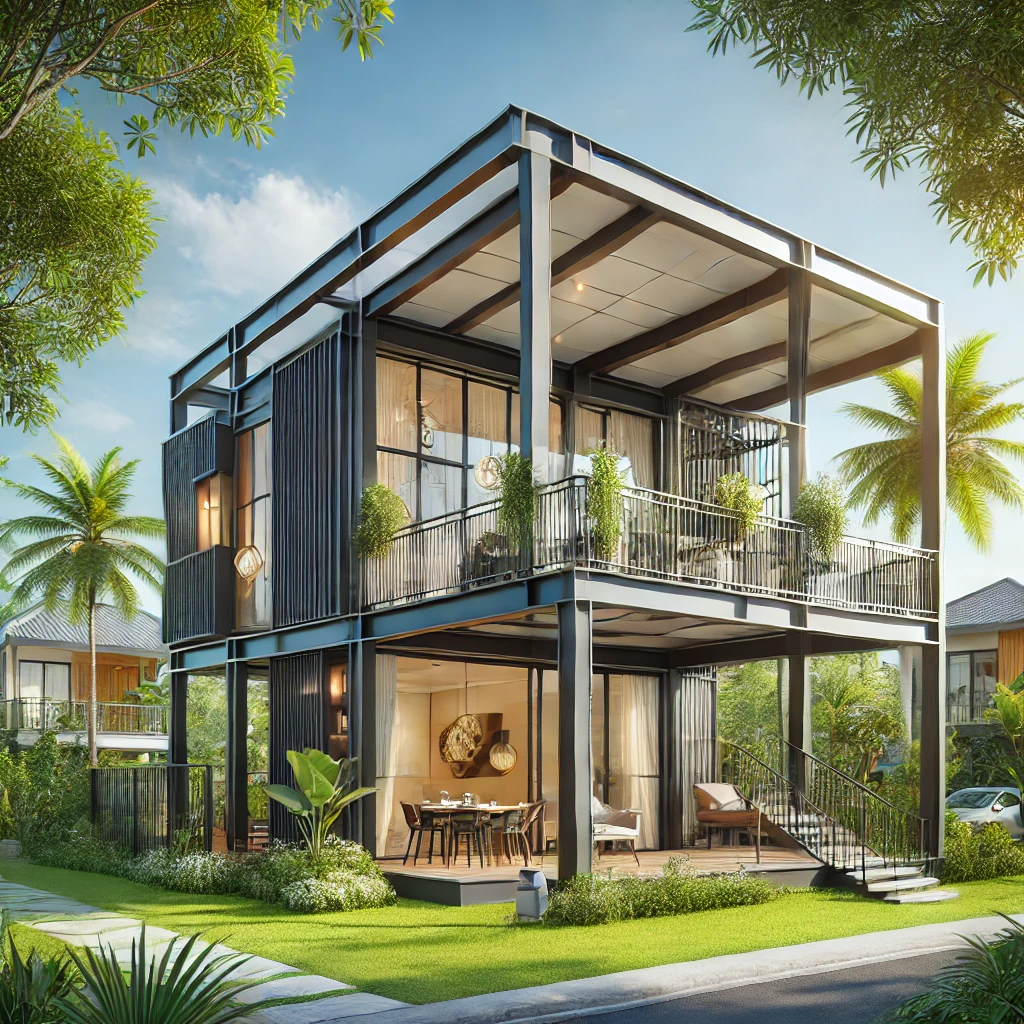 Xây nhà tiền chế tại Bình Dương: Lựa chọn tối ưu cho xây dựng hiện đại DALL·E 2025 01 03 08.29.59 A real world prefabricated steel frame house in Binh Duong Vietnam with a contemporary design spacious outdoor area and surrounded by tropical gre
