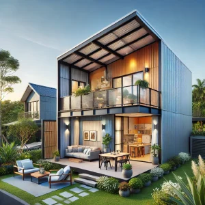 DALL·E 2025 01 03 08.30.00 A stylish prefabricated steel frame house in Binh Duong Vietnam with modern design elements a cozy terrace and lush garden surroundings under a cl