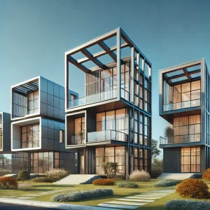 DALL·E 2025 01 04 14.09.15 Three distinct images of modern steel frame houses. Each house features unique architectural styles suitable for residential purposes showcasing slee