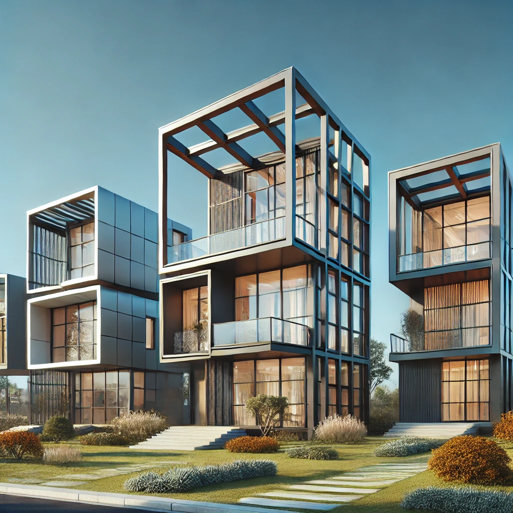 Xây nhà khung thép tại Đồng Nai – Giải pháp xây dựng tối ưu DALL·E 2025 01 04 14.09.15 Three distinct images of modern steel frame houses. Each house features unique architectural styles suitable for residential purposes showcasing slee