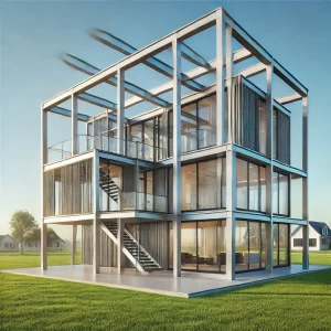 DALL·E 2025 01 04 14.09.44 A modern steel frame house with a unique and striking architectural design. The house includes large glass windows a flat roof and minimalist featur