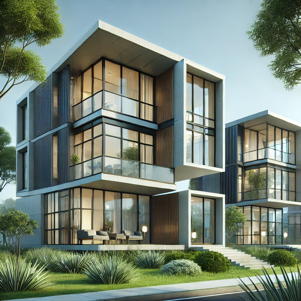 Xây nhà khung thép tại bình dương – giải pháp hiện đại và tiết kiệm DALL·E 2025 01 06 08.12.44 Three distinct modern steel frame houses each designed with sleek minimalistic aesthetics large windows and set in lush green environments showc