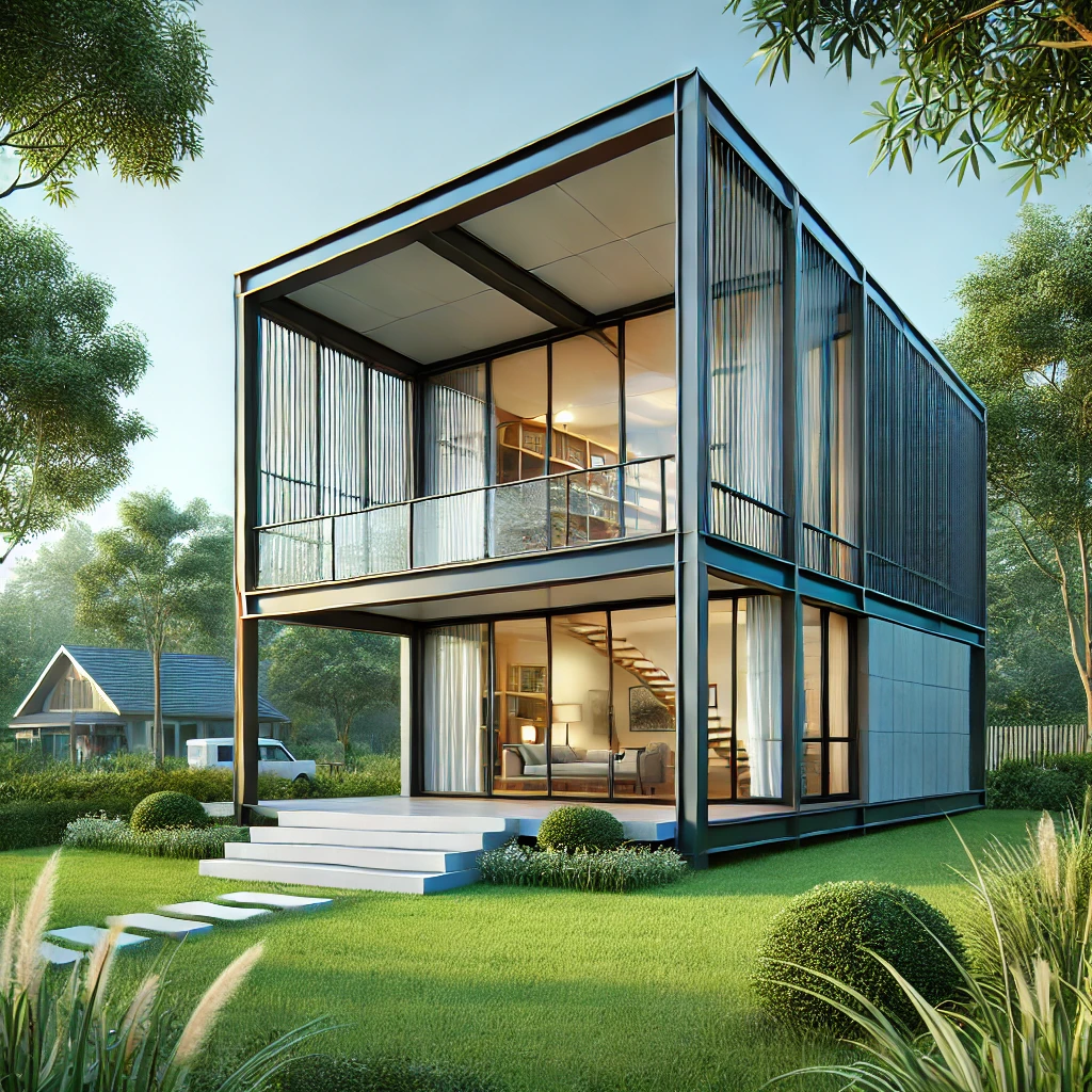 Xây nhà khung thép tại bình dương – giải pháp hiện đại và tiết kiệm DALL·E 2025 01 06 08.12.46 A single modern steel frame house designed with a contemporary aesthetic featuring large glass panels clean lines and surrounded by a lush green e