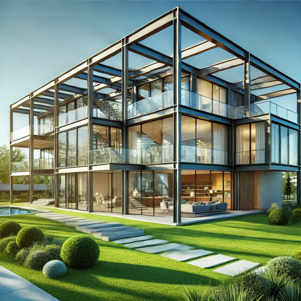 Xây nhà khung thép tại bình dương – giải pháp hiện đại và tiết kiệm DALL·E 2025 01 06 08.14.31 A modern steel frame house with an elegant and innovative architectural design featuring open spaces large glass windows and a vibrant green surrou