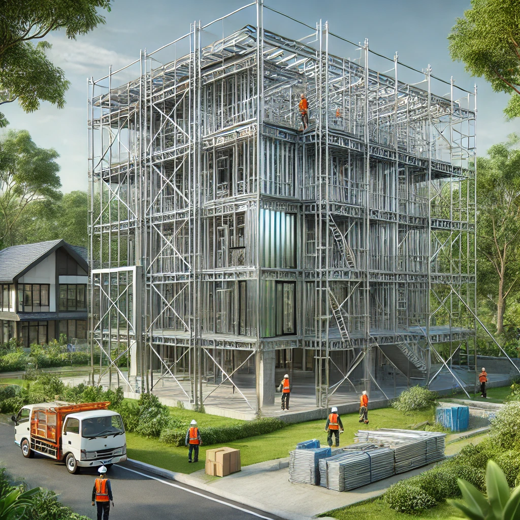 Xây nhà kết cấu thép tại Đồng Nai: giải pháp xây dựng hiện đại và bền vững DALL·E 2025 01 07 08.22.41 A realistic image of a modern steel frame residential house under construction in a suburban area surrounded by greenery with scaffolding and visibl