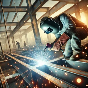 DALL·E 2025 01 07 08.22.46 A close up view of workers welding steel beams on a construction site with sparks flying and safety equipment visible in a realistic outdoor setting