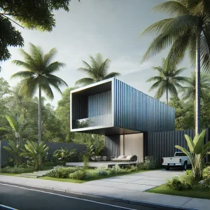 DALL·E 2025 01 08 09.09.39 A sleek and modern prefabricated steel house located in Dong Nai Vietnam featuring minimalist architecture and surrounded by tropical greenery with