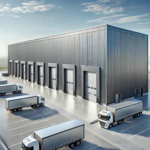 DALL·E 2025 01 09 09.12.36 An exterior view of a completed pre engineered steel building used as a modern industrial warehouse. The building has a sleek metallic finish with l