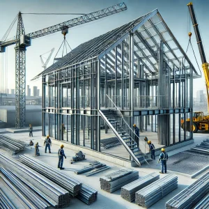 DALL·E 2025 01 11 13.27.37 A realistic depiction of a construction site featuring a modern steel frame house being assembled. The image shows workers in protective gear cranes