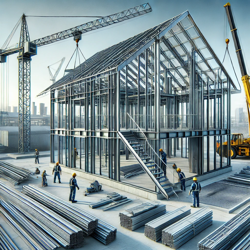 Xây nhà khung thép tại Tây Ninh: Giải pháp xây dựng hiện đại, bền vững DALL·E 2025 01 11 13.27.37 A realistic depiction of a construction site featuring a modern steel frame house being assembled. The image shows workers in protective gear cranes