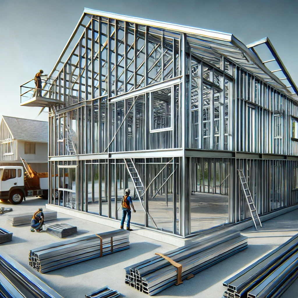 Giá xây dựng nhà khung thép 2 tầng: tất cả những điều bạn cần biết DALL·E 2025 01 14 10.02.59 A modern two story steel frame house under construction showing the steel structure prominently. The setting is a clear sunny day with workers in s