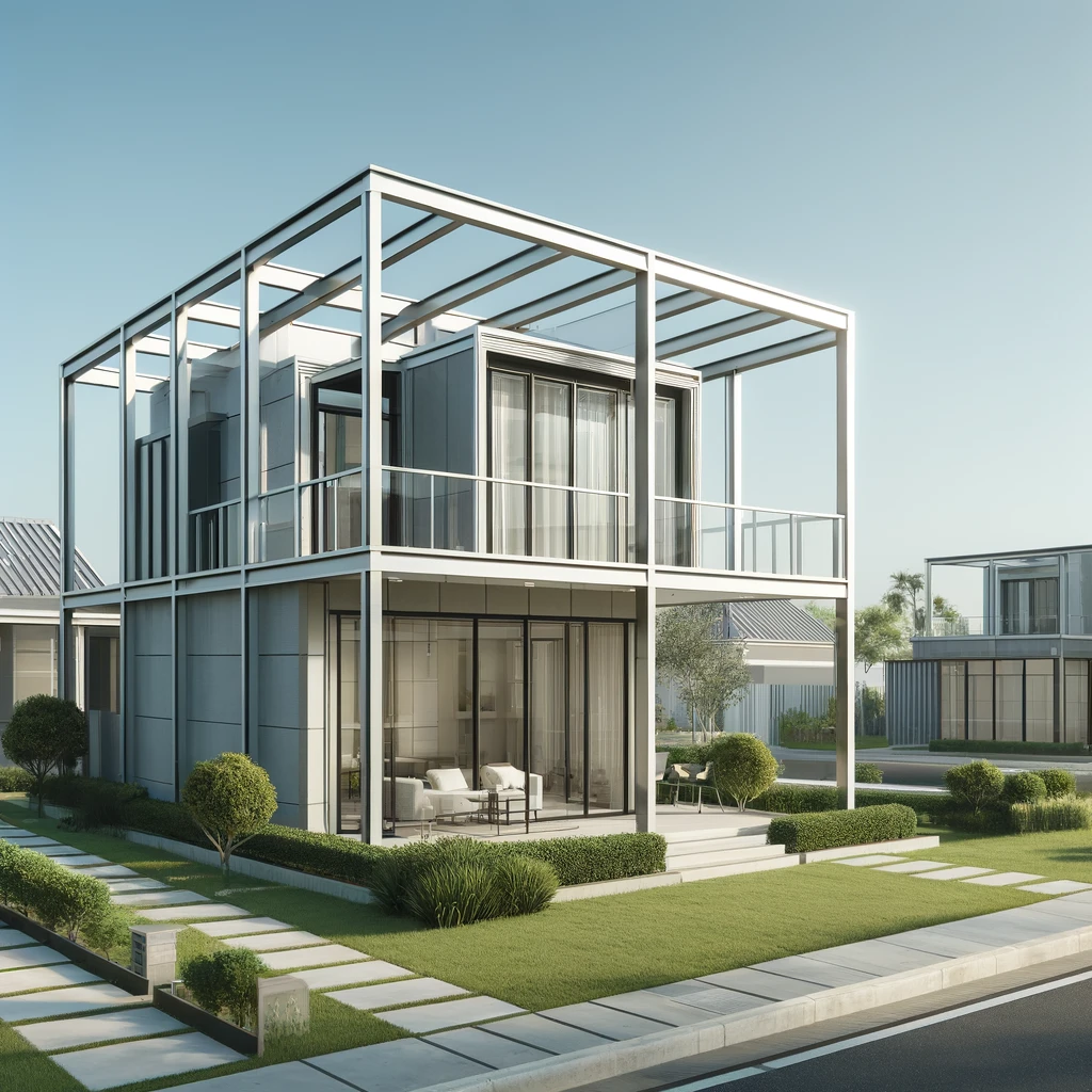Giá xây dựng nhà khung thép 2 tầng: tất cả những điều bạn cần biết DALL·E 2025 01 14 10.36.12 An architectural rendering of a completed two story steel frame house with a modern design. The house features large glass windows a flat roof and a