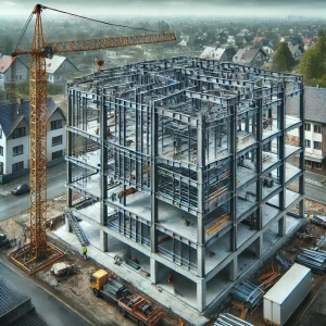 DALL·E 2025 01 14 10.36.14 An industrial style two story steel frame building being constructed in a semi urban area. The structure is partially completed showing steel beams a