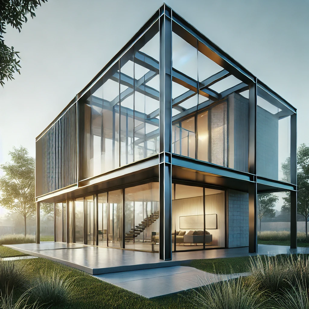 Làm nhà kết cấu thép: lựa chọn thông minh, tiết kiệm chi phí DALL·E 2025 01 20 13.14.40 A modern steel structure house with sleek and minimalist design showcasing a sturdy metal frame large glass windows and a contemporary architectura