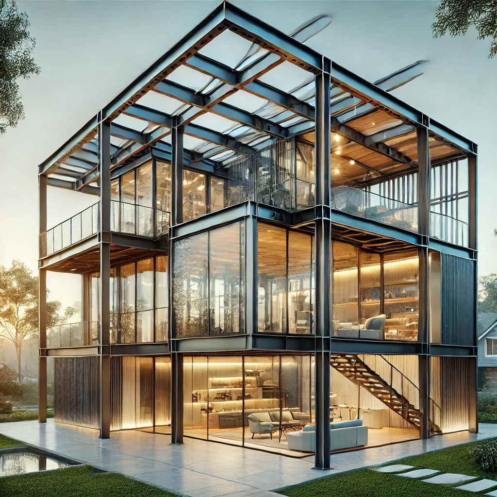 Làm nhà kết cấu thép: lựa chọn thông minh, tiết kiệm chi phí DALL·E 2025 01 20 13.15.18 A sleek and modern steel structure residence showcasing an industrial yet stylish design with exposed steel beams large floor to ceiling glass panel