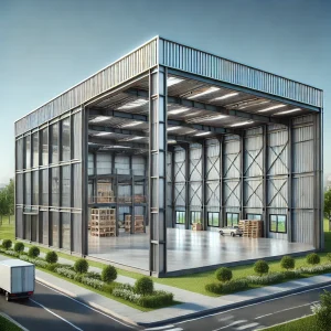 DALL·E 2025 01 22 14.19.22 A modern steel prefab factory building with a clean industrial design. The structure features large steel frames corrugated metal walls and a spaci