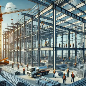 DALL·E 2025 01 23 11.00.08 A professional construction site of a modern steel frame building in progress showcasing workers assembling steel structures. The environment is well