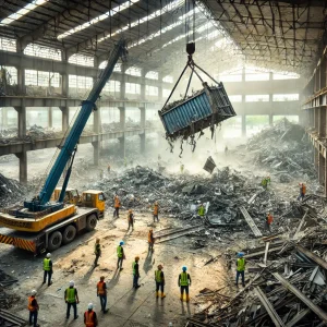DALL·E 2025 02 06 09.42.00 A demolition site where a large warehouse is being torn down. A crane is lifting heavy debris while workers in safety vests and helmets manage the ope