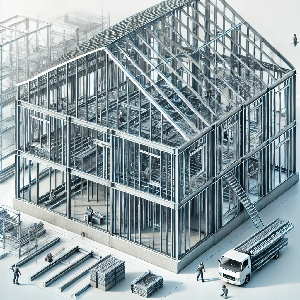 Xu hướng nhà kết cấu thép trong xây dựng dân dụng và công nghiệp DALL·E 2025 02 07 13.39.03 A realistic image of a modern steel frame residential house under construction. The structure is partially built showcasing the steel beams and frame