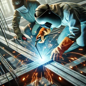 DALL·E 2025 02 07 13.39.07 A realistic close up image of workers welding steel beams at a construction site. Sparks are flying as the welding process is taking place. The worker