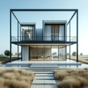 DALL·E 2025 02 08 08.51.24 A minimalist two story steel frame house with large glass windows surrounded by a modern landscape. The design emphasizes clean lines and an open con