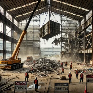 DALL·E 2025 02 10 08.14.24 An industrial warehouse being dismantled by a demolition team. A crane is lifting metal beams while workers in safety gear carefully remove structural